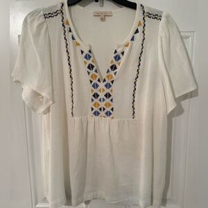 Ivory Tunic Top with Blue & Mustard Embroidery